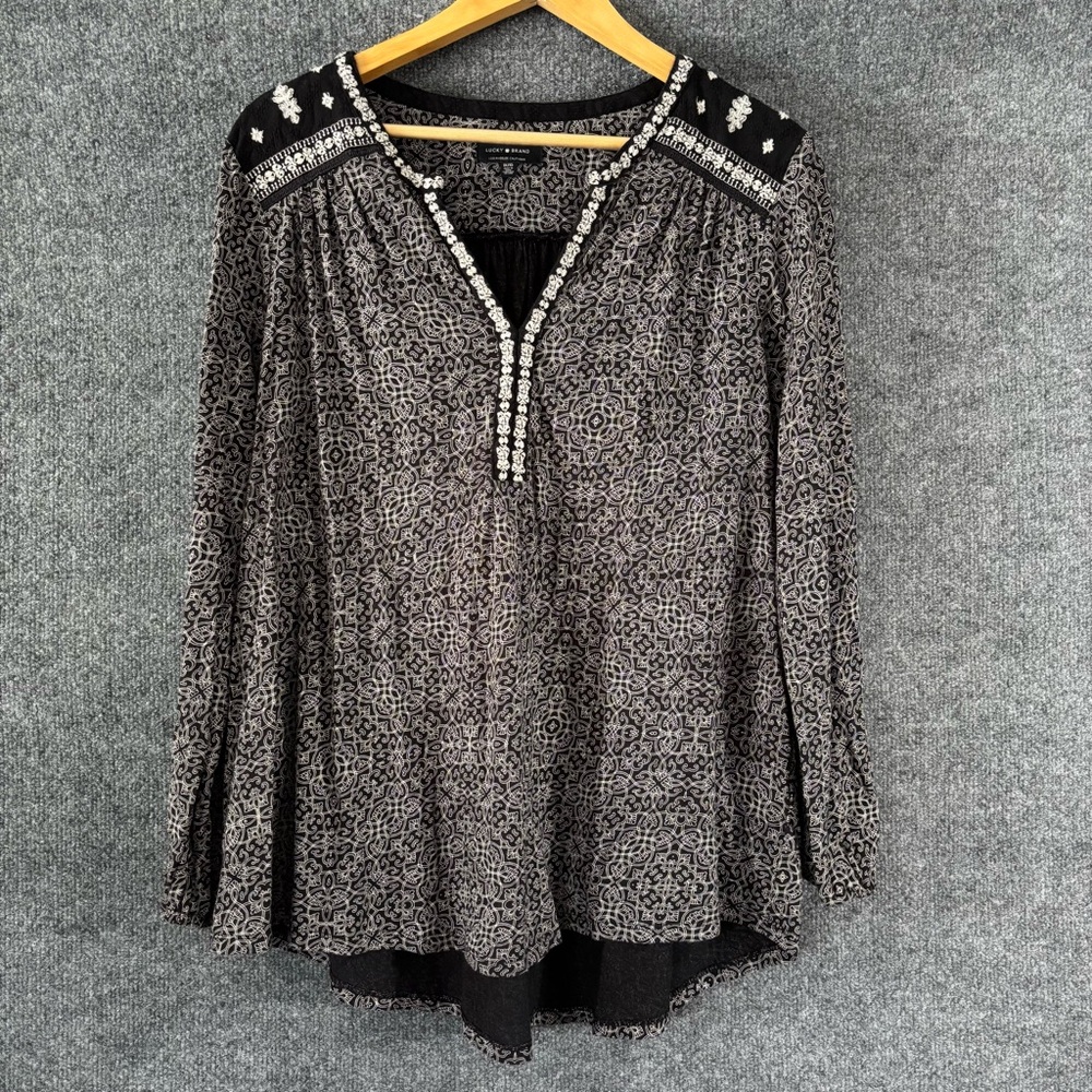 Lucky Brand Womens Embroidered Boho Long Sleeve Top Size 1X Black White Peasant - Picture 1 of 7